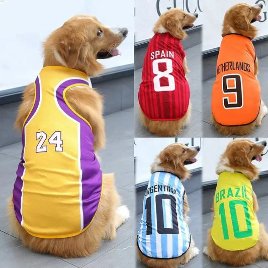 Golden retriever dogs wearing sports jerseys representing different countries and teams.