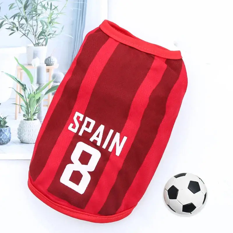 Red soccer jersey with ’SPAIN 8’’ printed on it.