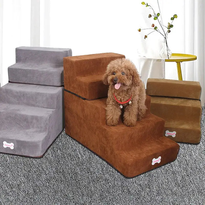 Pet stairs in gray and brown colors for dogs to climb onto furniture.