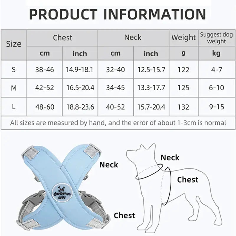 Dog harness with chest and neck straps shown in light blue color.