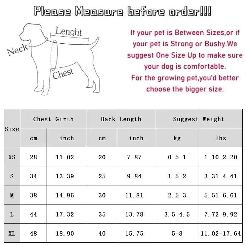 Dog measurement guide for sizing pet clothing or accessories.