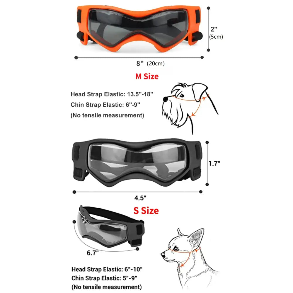 Dog goggles or protective eyewear for dogs in different sizes and colors.