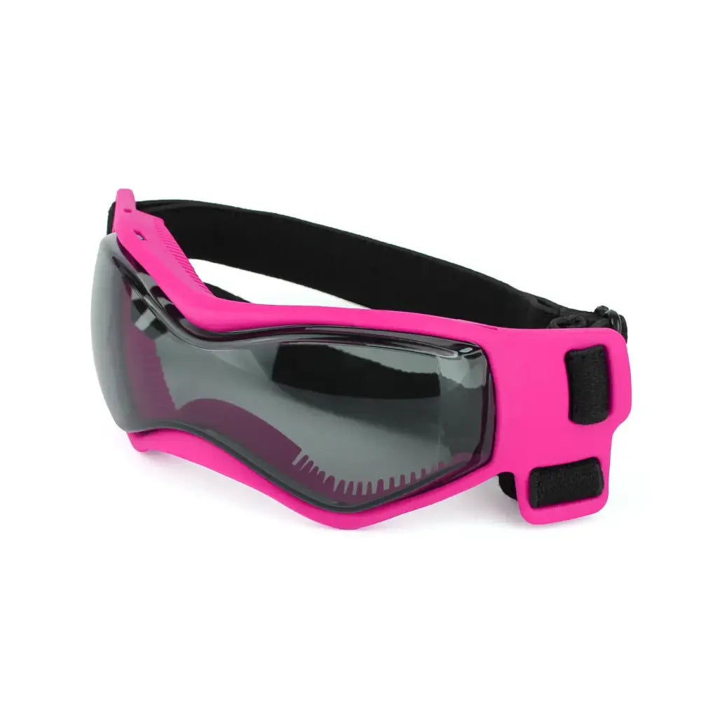 Pink ski goggles with a dark tinted lens and black strap.