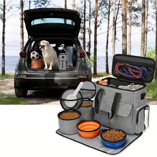 Travel organizer for pet food and supplies with multiple compartments and collapsible bowls.