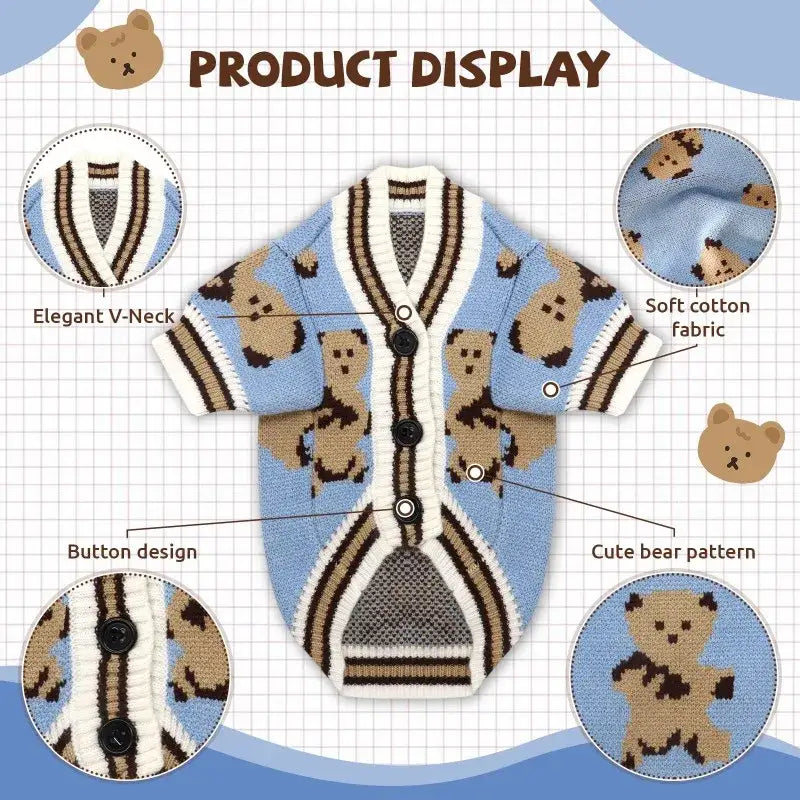 Light blue cardigan with brown bear pattern and striped trim.