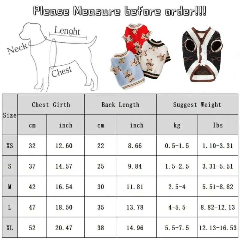 Size chart for dog clothing with measurements and suggested weights.