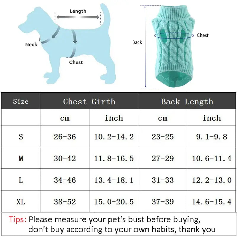 Dog sweater sizing chart with measurements and a diagram of a dog silhouette.