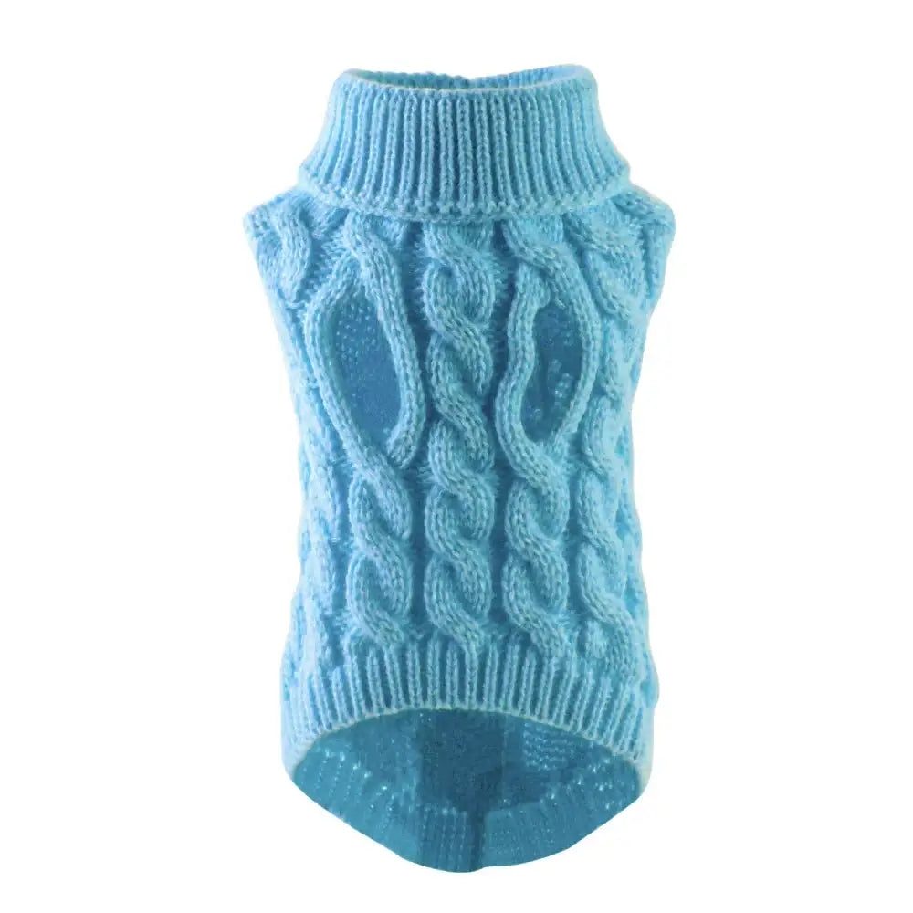 Light blue cable-knit sweater for a small pet.