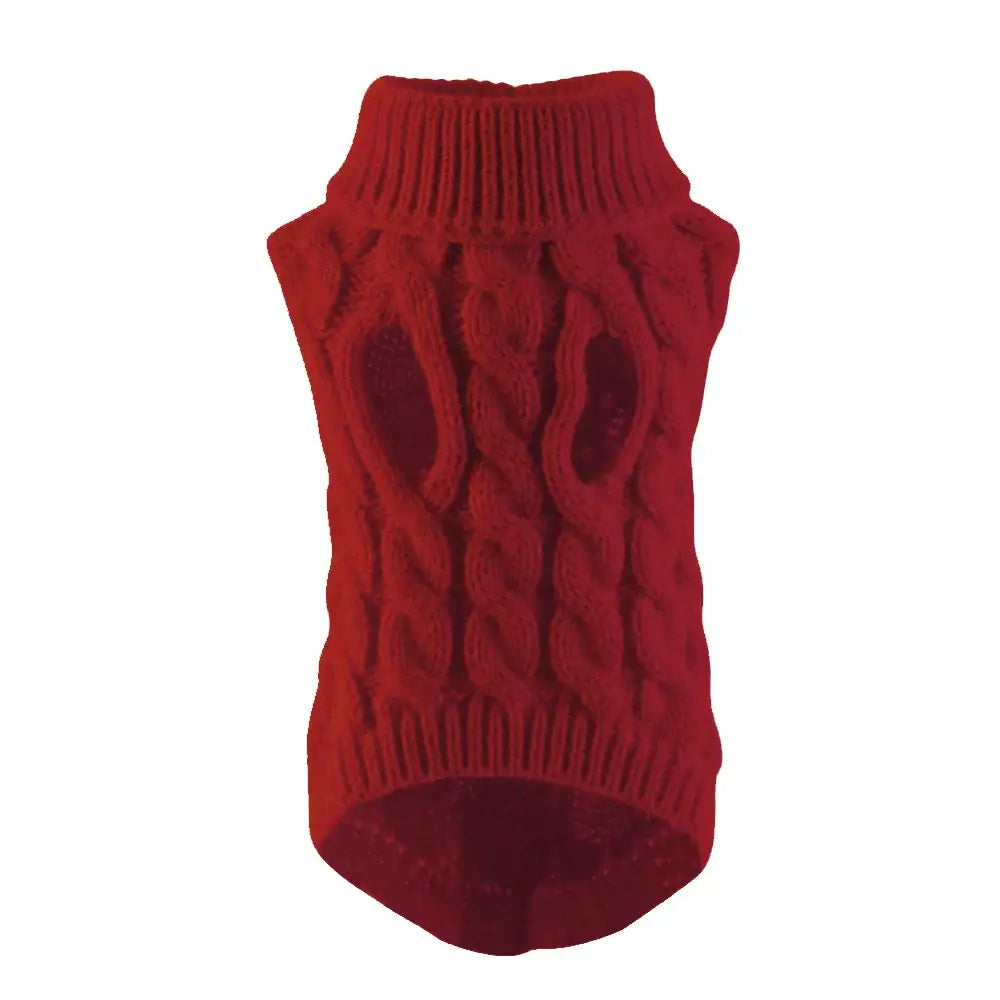 Red knitted turtleneck sweater with a cable pattern.