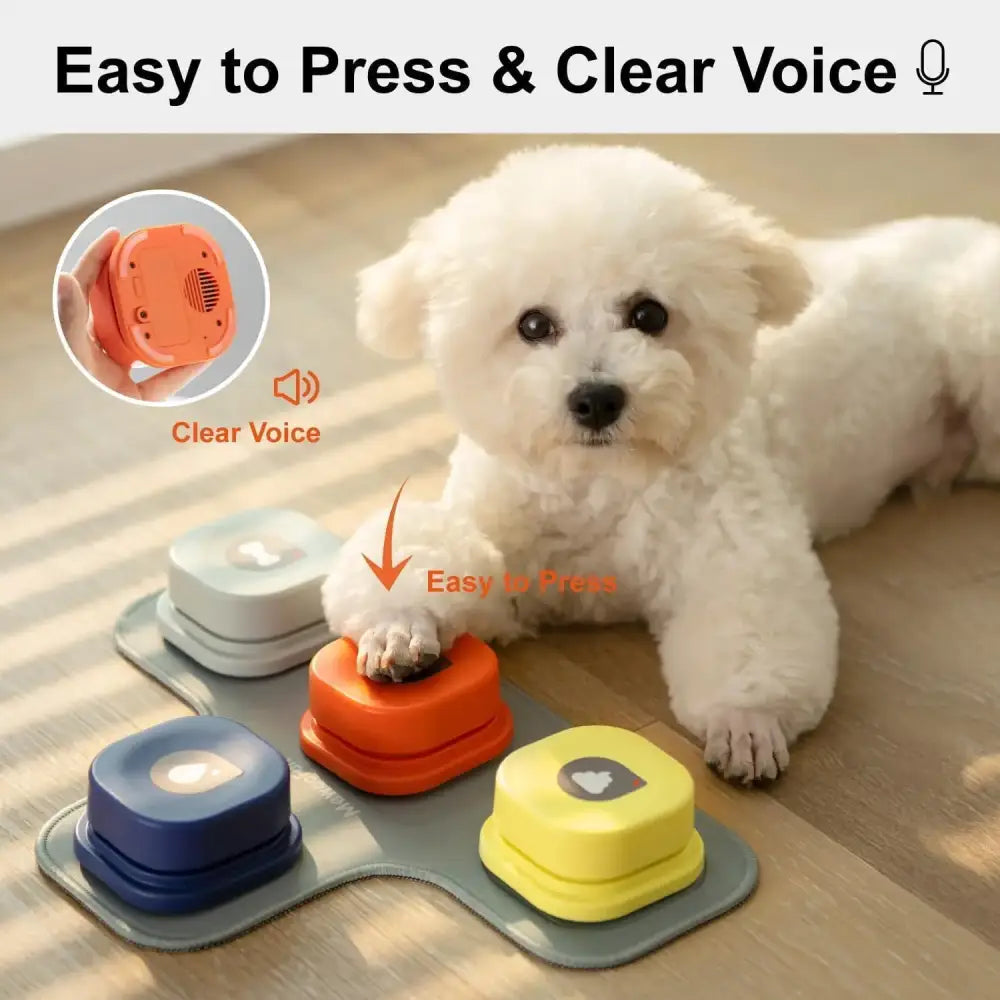 Interactive dog training buttons with different colors and a clear voice feature, alongside a fluffy white dog.