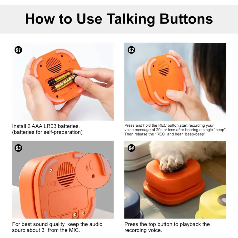 Orange circular device with buttons for recording and playing back voice messages.