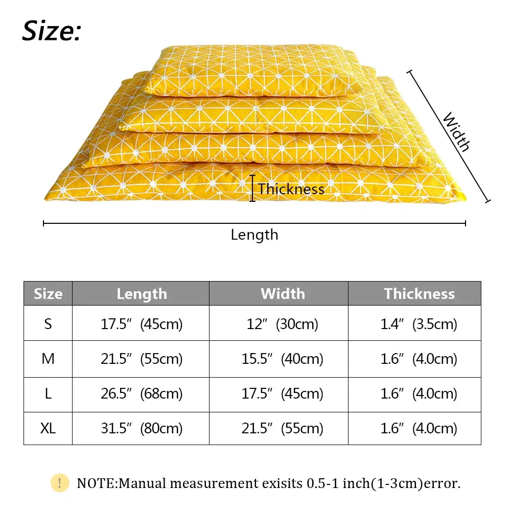 Yellow cushion with geometric white pattern shown in stacked sizes with accompanying measurement chart.