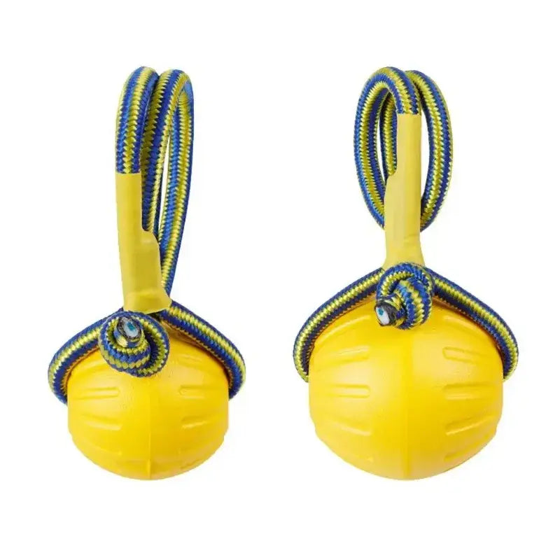 Yellow ball-shaped dog toys with blue and yellow rope handles.