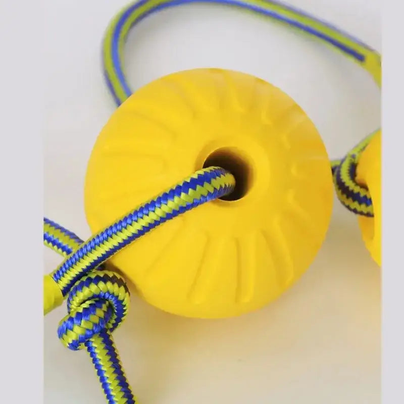 Yellow plastic or rubber ring with a rope threaded through its center hole.