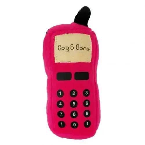 Pink plush dog toy shaped like a cell phone with ’Dog’s Bone’ displayed on the screen.