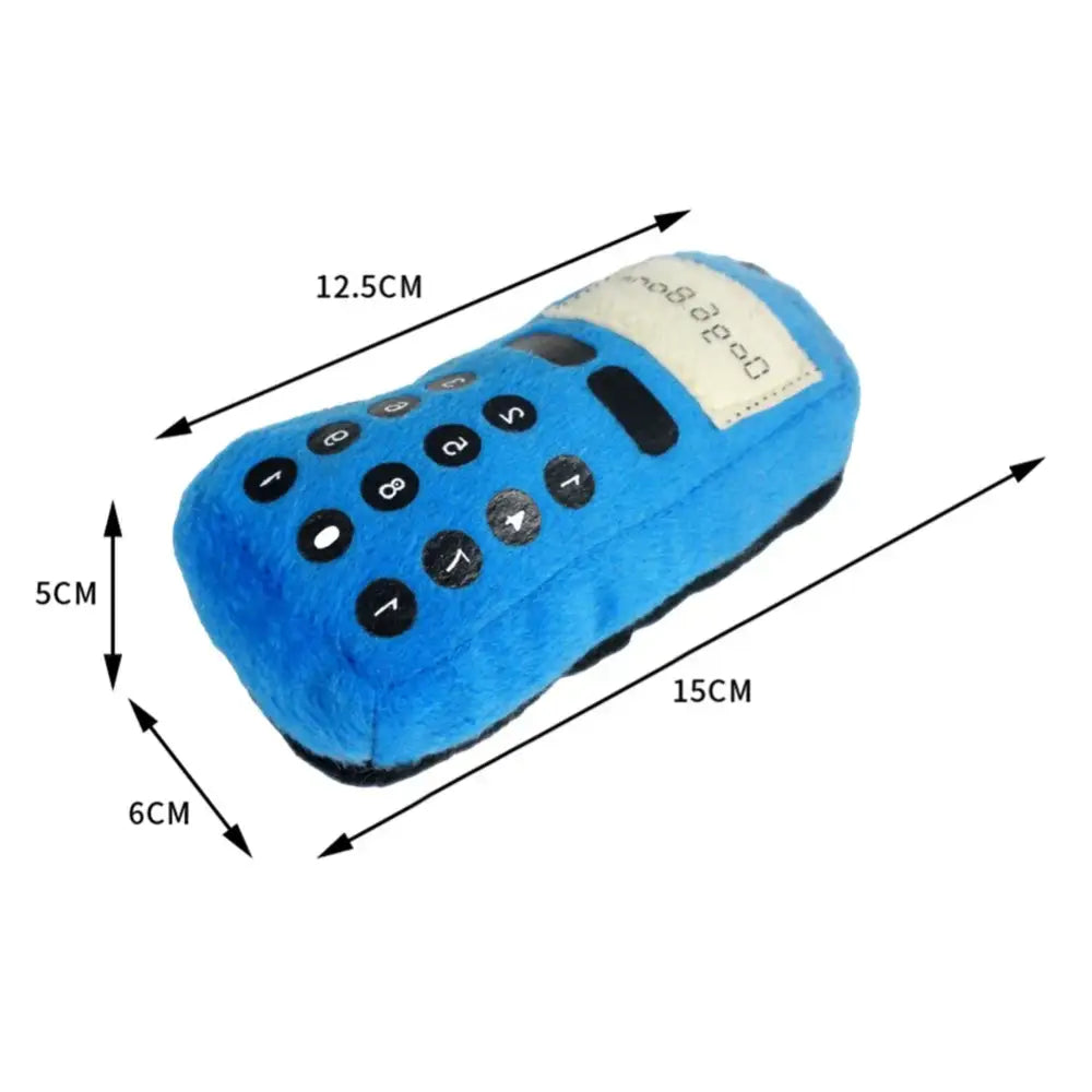 Plush calculator toy with blue fabric exterior and black buttons.