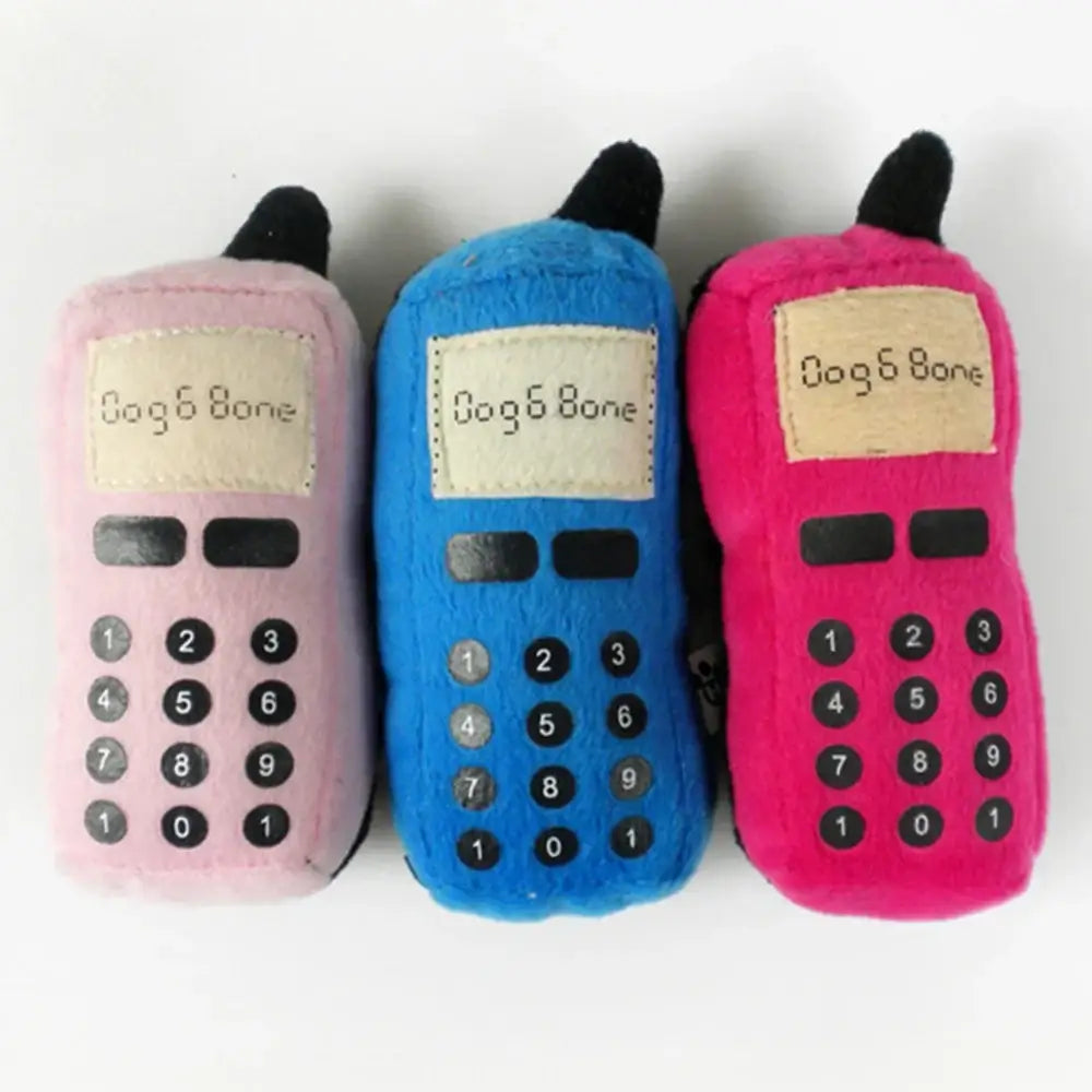 Plush toy cell phones in pink, blue, and hot pink colors labeled ’Dog’s Bone’.