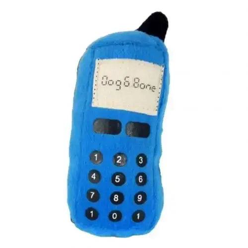 Plush toy shaped like a blue mobile phone with buttons and a screen.