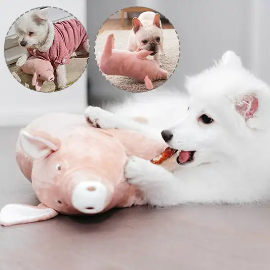 White dog playfully biting a pink plush toy.