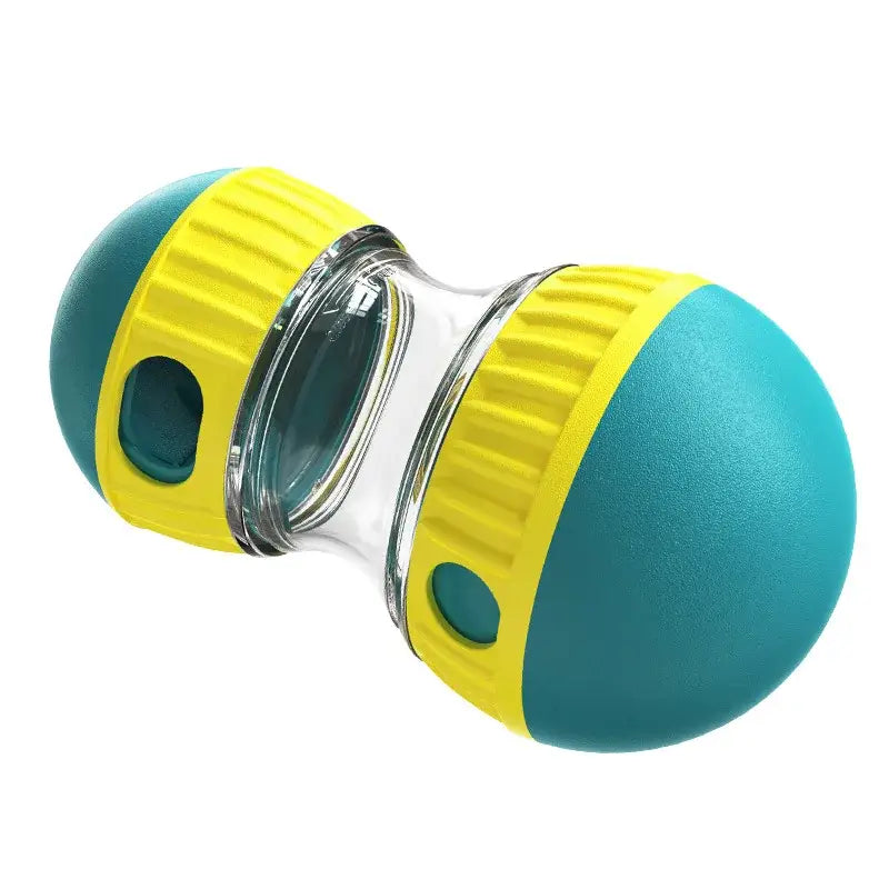 Colorful binocular-shaped toy or gadget with yellow and teal sections and a clear middle portion.