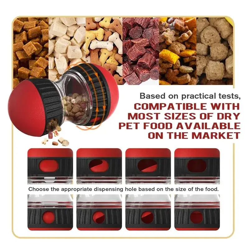 Pet food dispenser with adjustable dispensing holes for different kibble sizes.