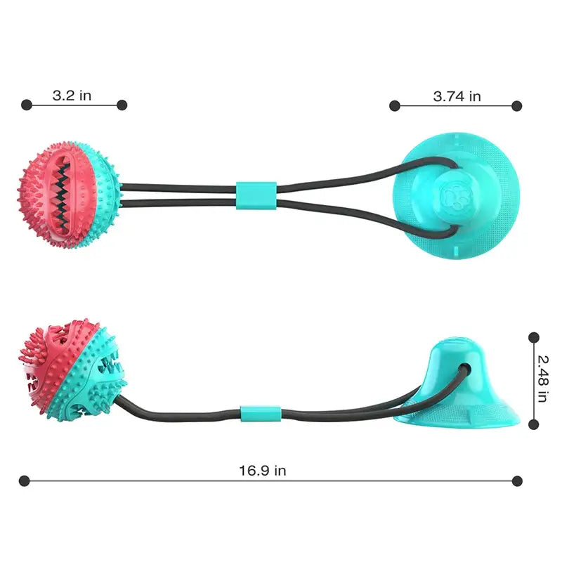 Dog toy with a textured ball on one end and a suction cup on the other, connected by a flexible rope.