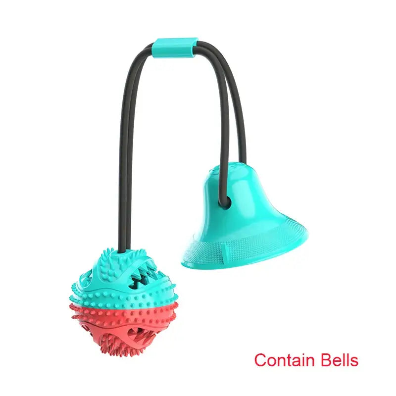 Teal and coral dog toy with a bell-shaped handle and a spiky ball component.