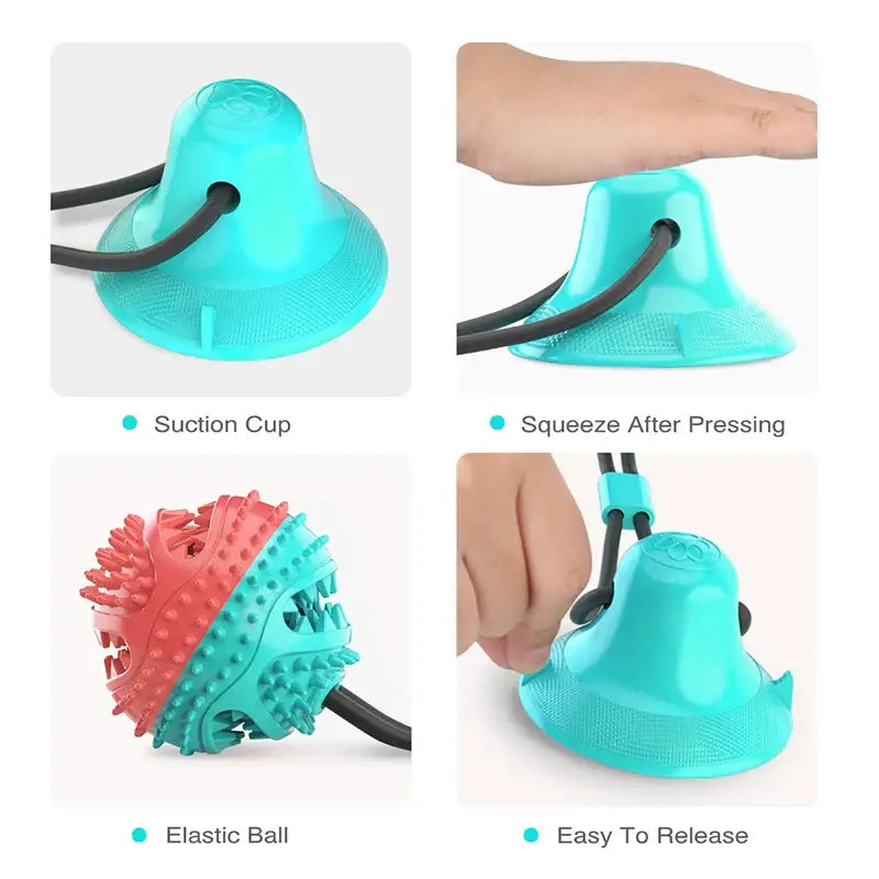 Turquoise suction cup device with attached elastic ball for grip exercises.