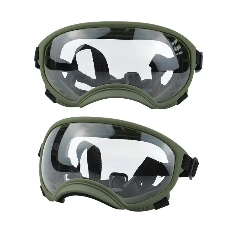 Military-style protective goggles with olive green frames and clear lenses.