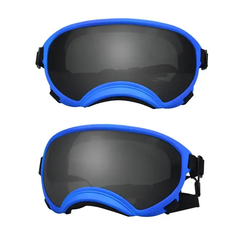 Pair of blue-framed ski goggles with dark lenses.