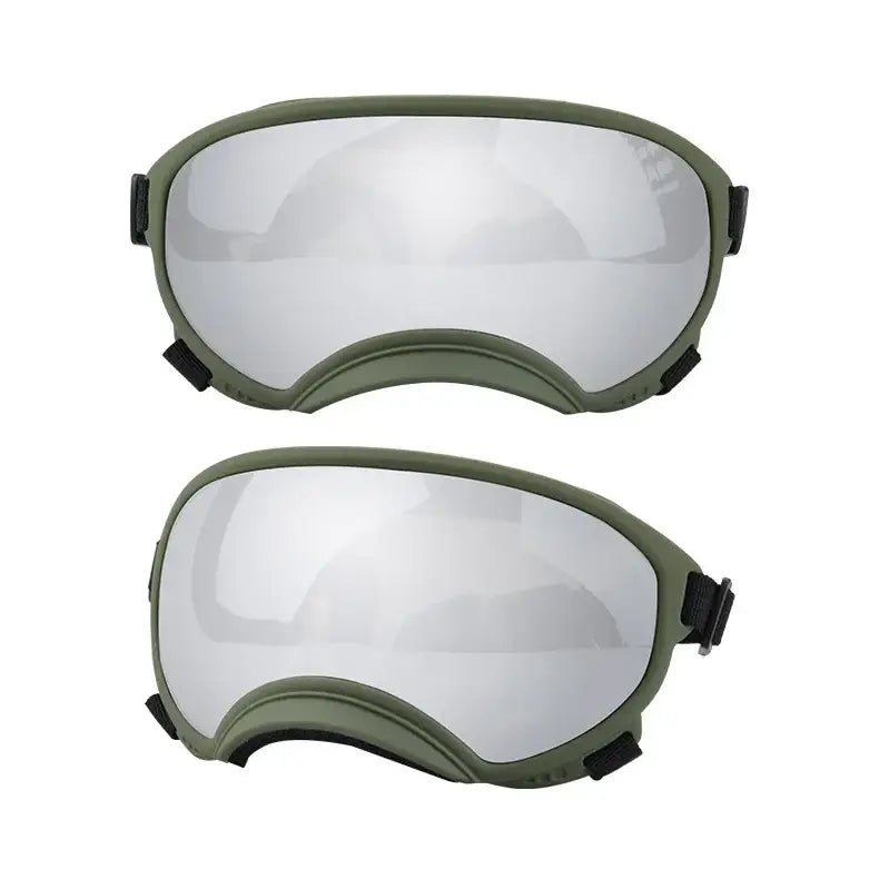 Pair of military-style protective goggles with mirrored lenses and olive green frames.