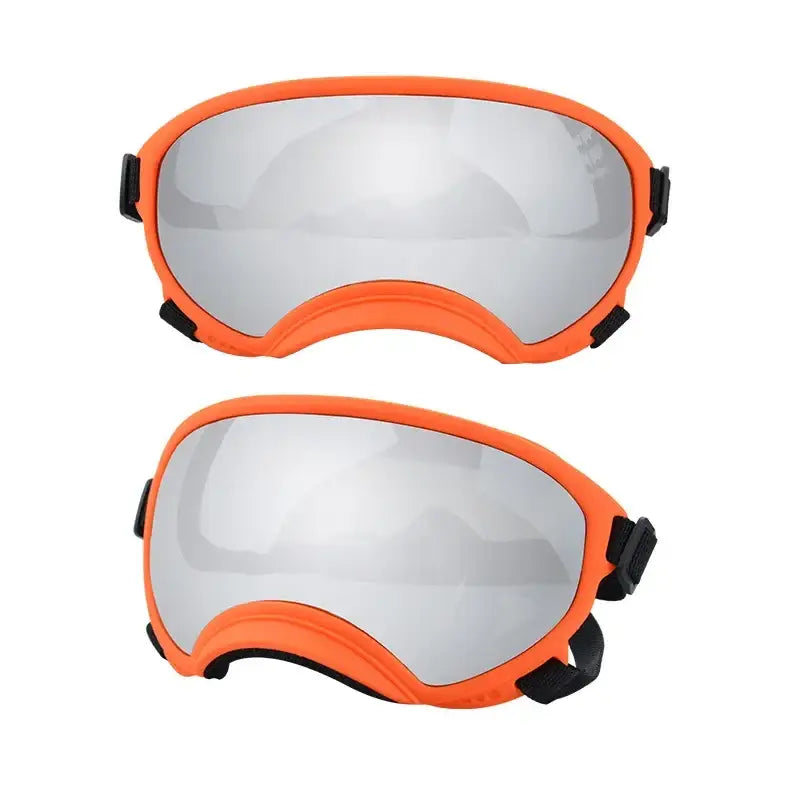 Pair of orange-framed ski or snowboard goggles with mirrored lenses.