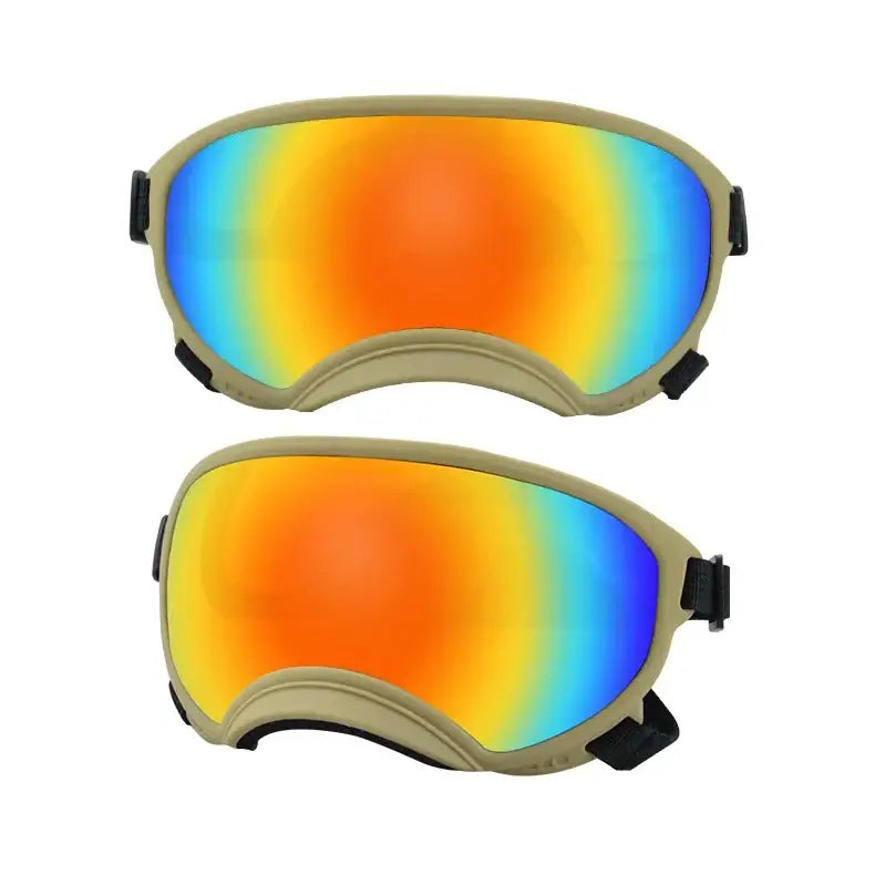 Pair of ski or snowboard goggles with colorful mirrored lenses.