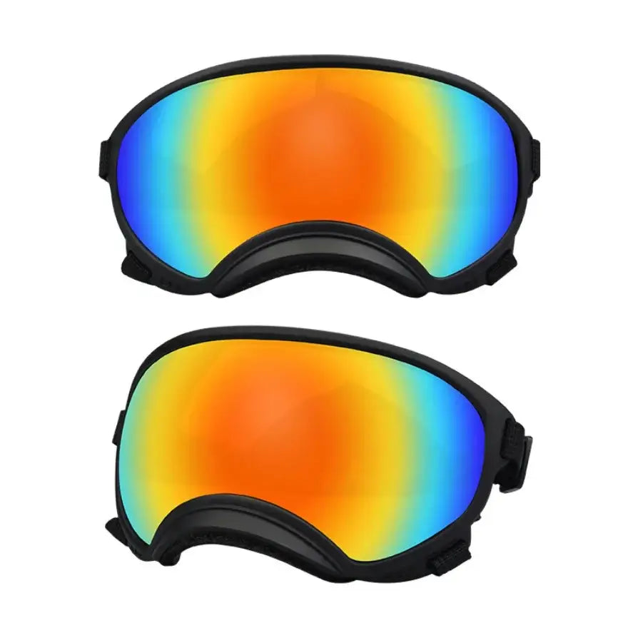 Pair of ski or snowboard goggles with colorful mirrored lenses.