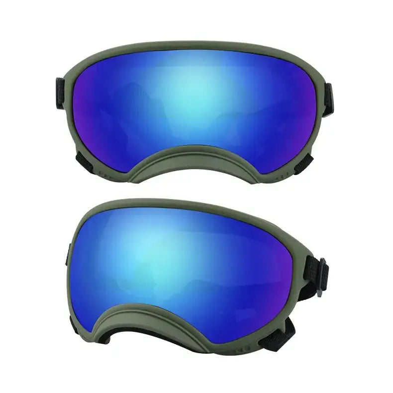 Pair of ski or snowboard goggles with blue mirrored lenses and gray frames.