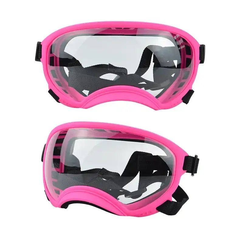 Pink protective goggles with clear lenses.