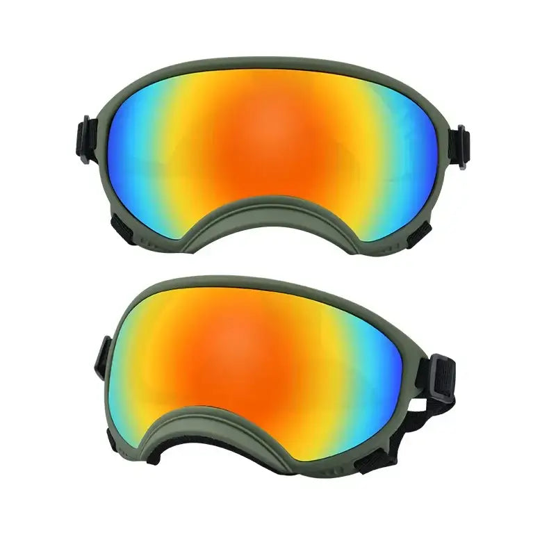 Ski or snowboard goggles with colorful mirrored lenses.