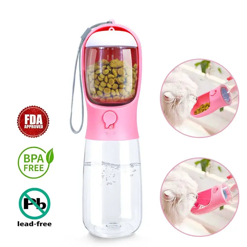 Pink and clear portable water bottle with a built-in pet food compartment and dispenser.