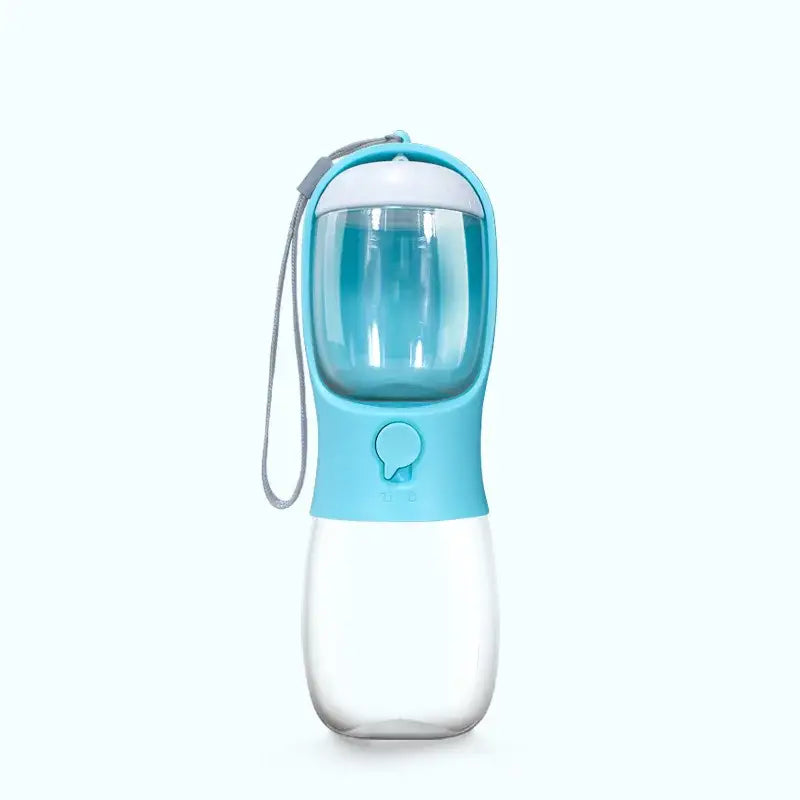 Portable pet water bottle with a built-in drinking bowl and carrying strap.