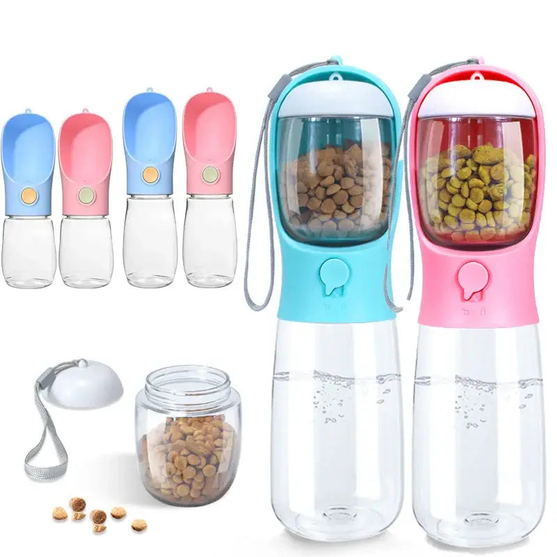 Portable pet water bottles with attached food containers in blue and pink colors.