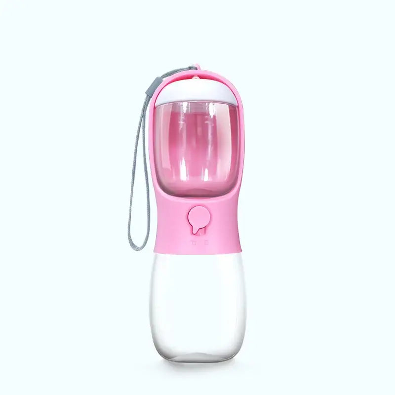 Portable pink and white water bottle with a built-in drinking cup.