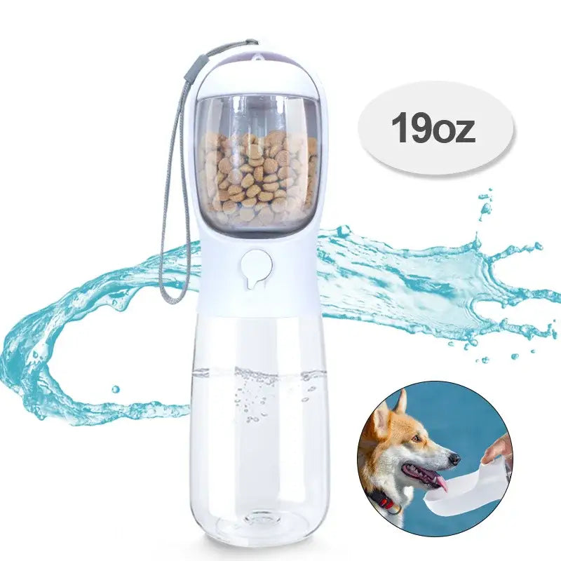 Portable water bottle with attached pet food container and drinking bowl for dogs.