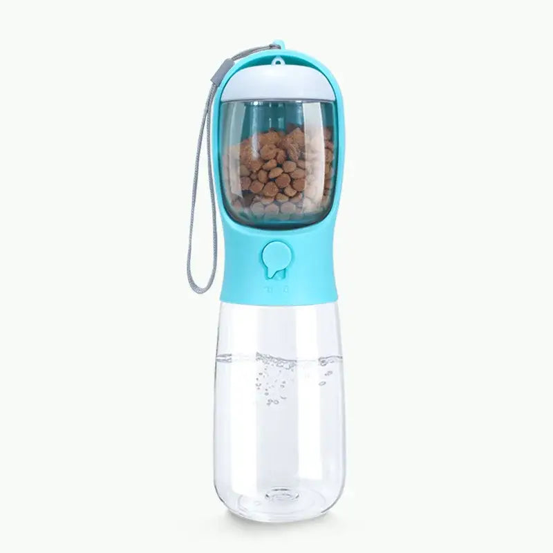 Portable water bottle with a built-in compartment for pet food or treats.