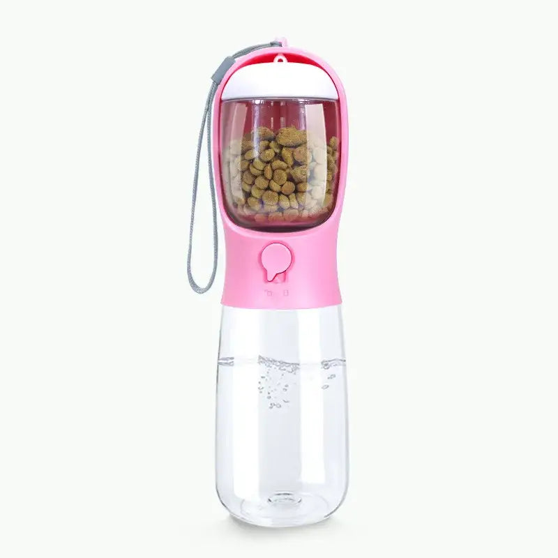 Portable water bottle with a pink top compartment containing dog treats.