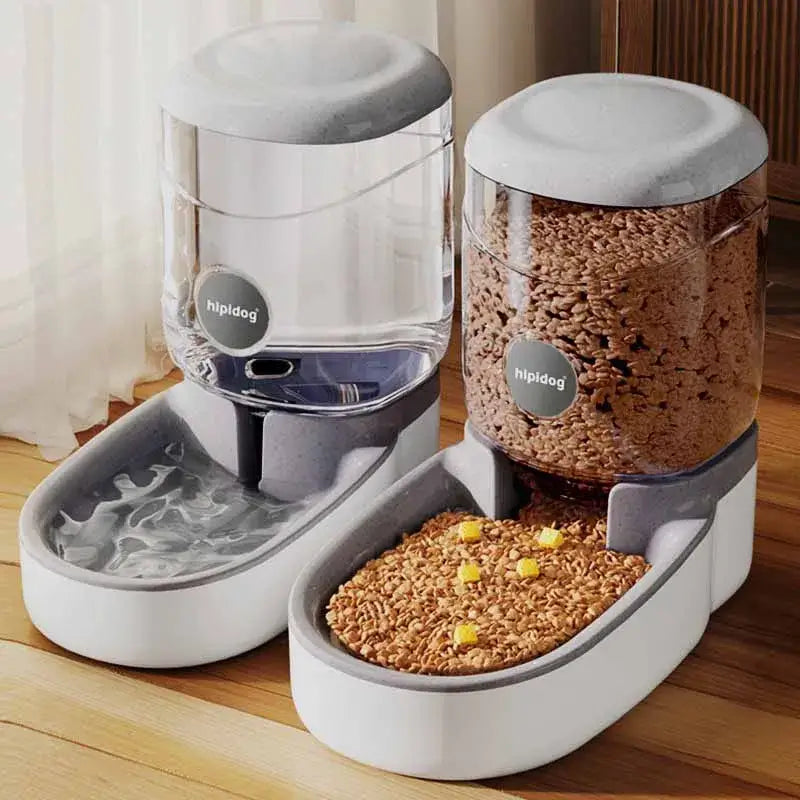 Automatic pet food and water dispensers with transparent storage containers.