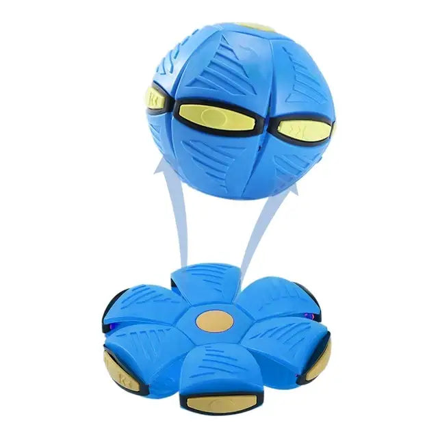 Blue spherical toy with yellow eyes connected by strings to a blue flower-shaped base.