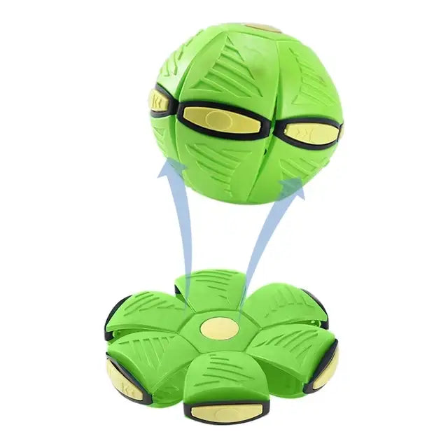 Bright green toy with a spherical top connected to a flower-shaped base by thin beams.