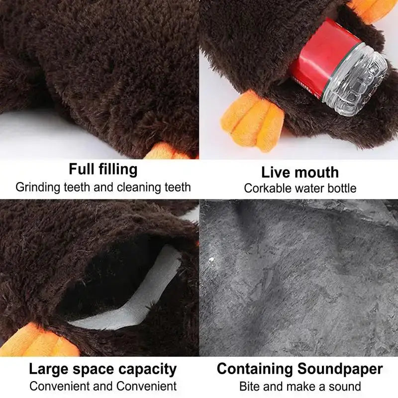 Plush dog toy with interactive features and hidden compartments.