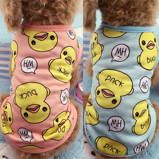 Dog clothing with cartoon duck patterns in pink and blue colors.