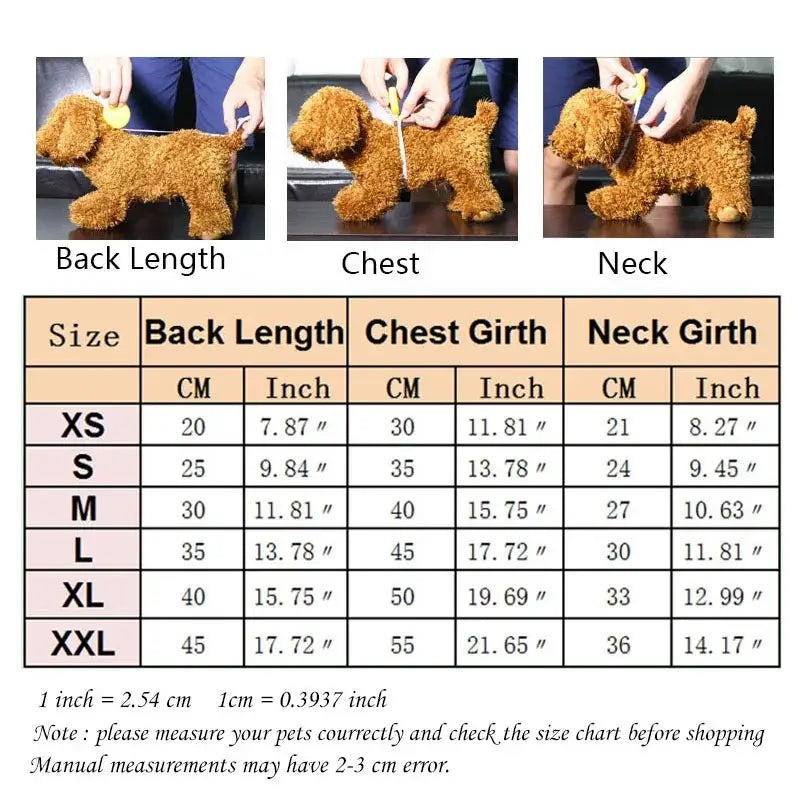 Dog-shaped grooming model with size chart for pet clothing measurements.